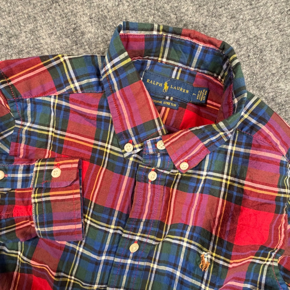 Polo Ralph Lauren Boys Red Plaid Button Down Shirt Natural Stretch Size 7 0776
